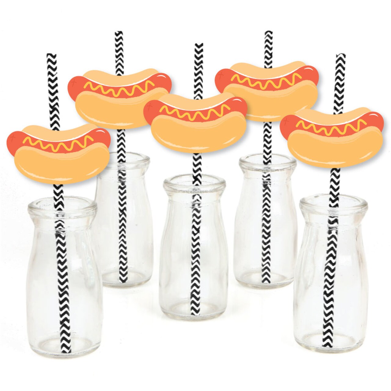 Big Dot of Happiness Hot Dog Straw Decor, Summer Birthday BBQ Picnic Party Supplies, Set of Hot Dog Cutouts & Striped Decorative Paper Straws - 24 Ct
